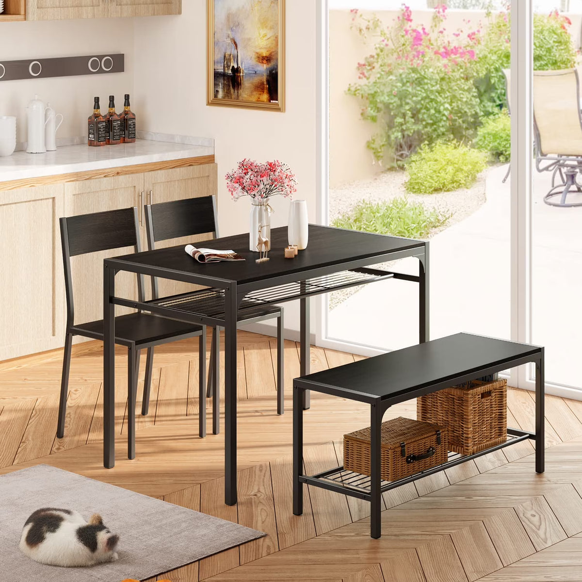 Black Kitchen Table with 2 Chairs and Bench with Storage Rack K7481