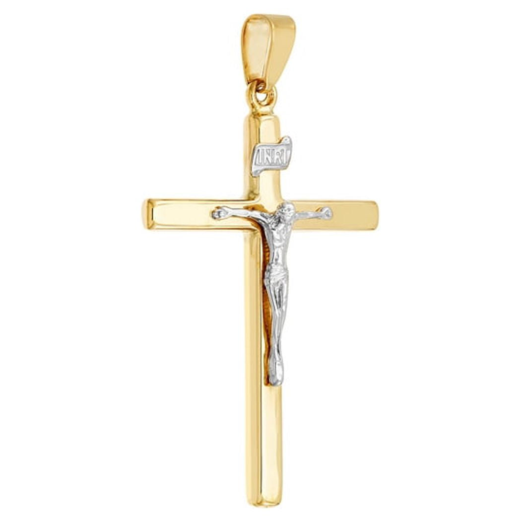 14k Yellow and White Gold Square Tube Cross Pendant Necklace T382584