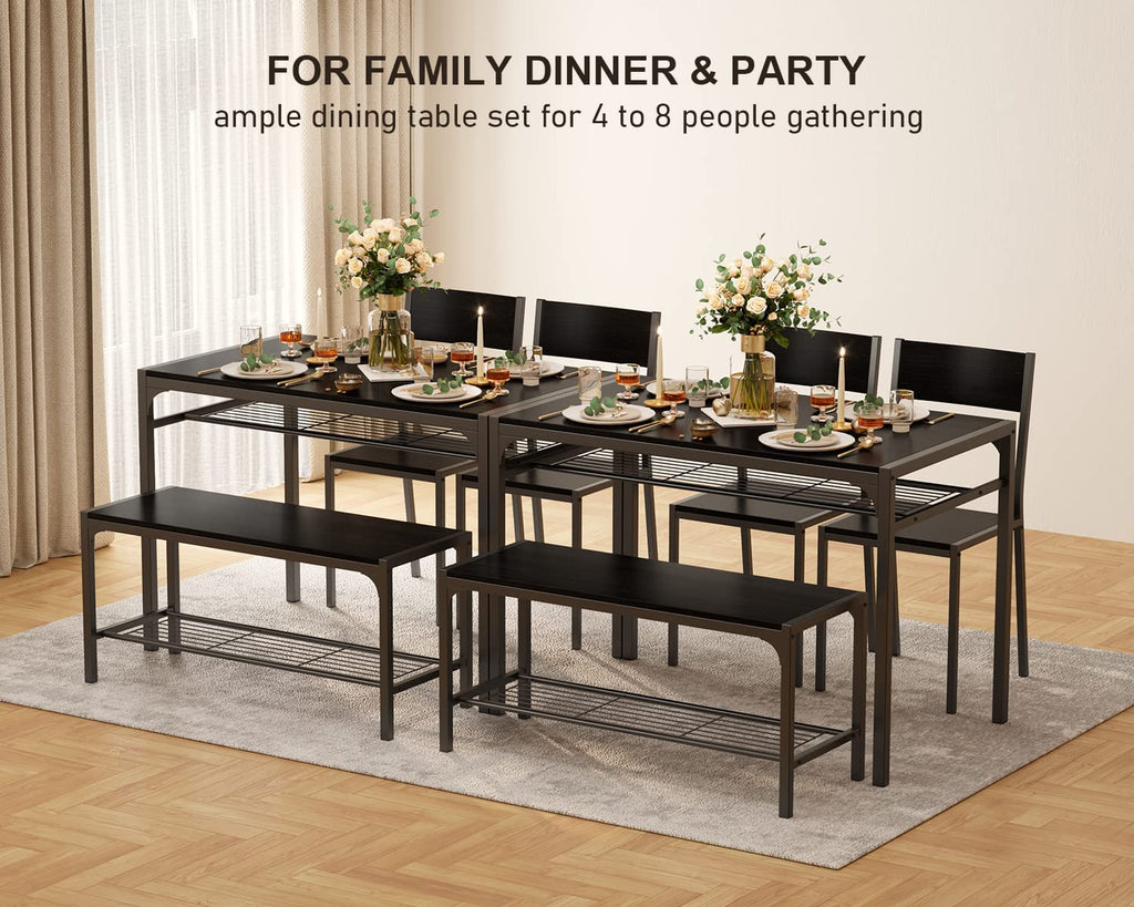Black Kitchen Table with 2 Chairs and Bench with Storage Rack K7481