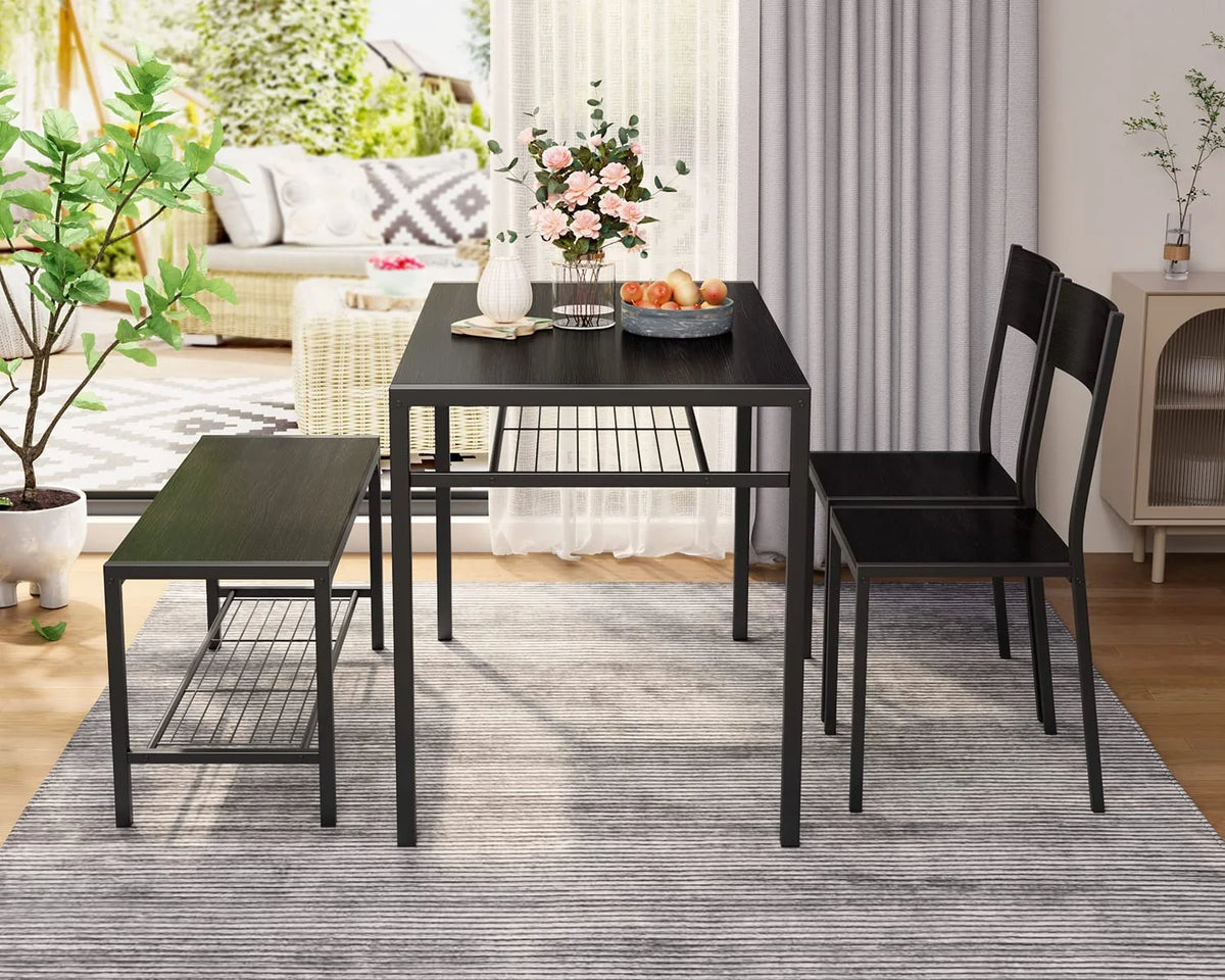 Black Kitchen Table with 2 Chairs and Bench with Storage Rack K7481