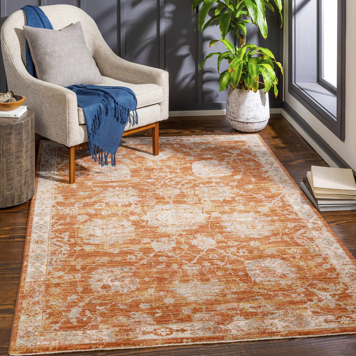Orange Beige Round Area Rug Q80085