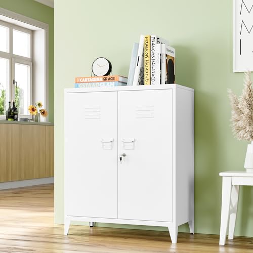 White 5 Tier Metal Storage Cabinet with 2 Doors and 4 Adjustable Shelves U218