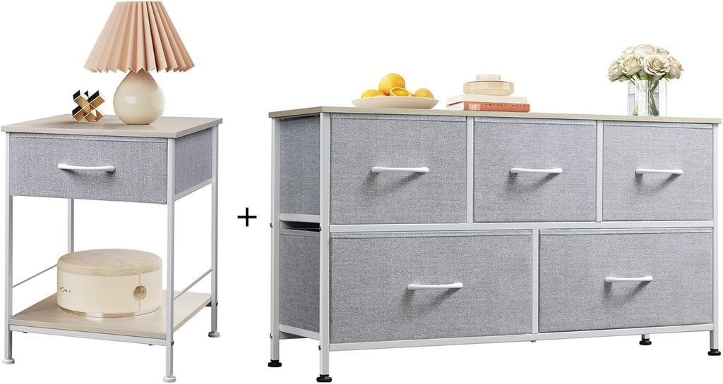 1-Drawer Nightstand and 5-Drawer Dresser Set with Fabric Bins, Steel Frame U59305