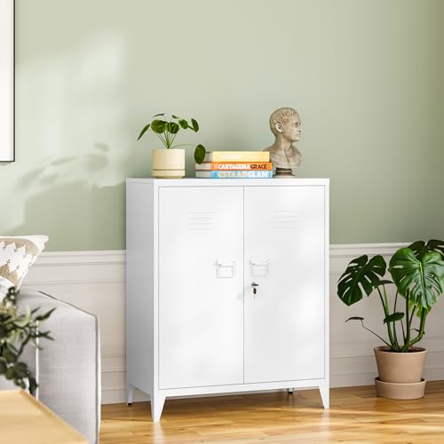 White 5 Tier Metal Storage Cabinet with 2 Doors and 4 Adjustable Shelves U218