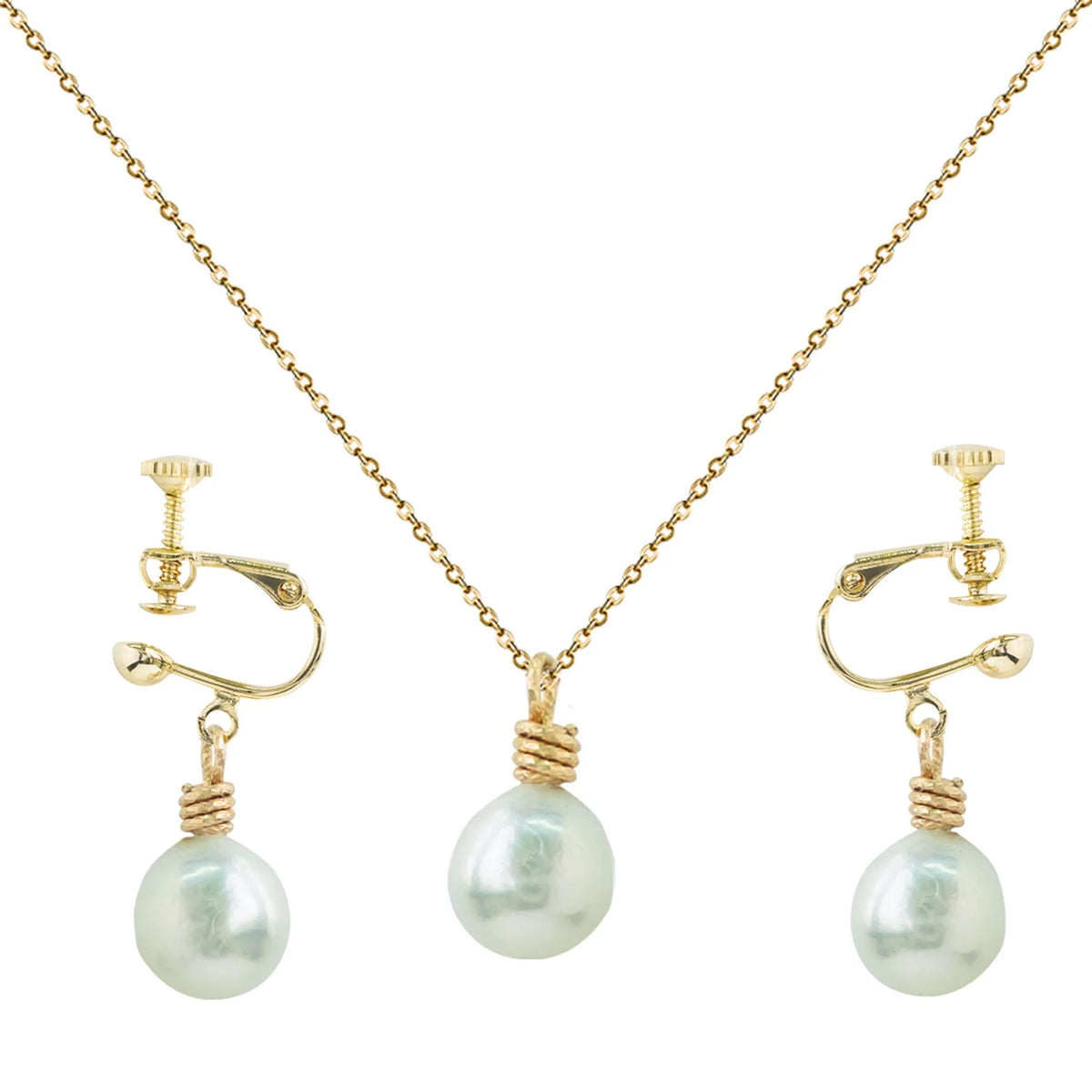Set of 10mm Natural Pearl Drop Ear Clip and Necklace, 14K Gold Plated D931170