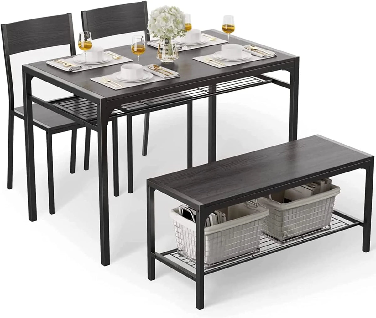 Black Kitchen Table with 2 Chairs and Bench with Storage Rack K7481