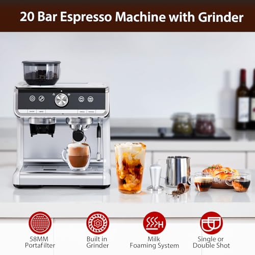 20 Bar Espresso Machine with Grinder and Milk Frother Steam Wand E569