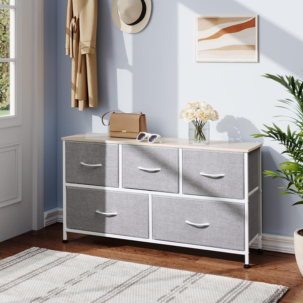 1-Drawer Nightstand and 5-Drawer Dresser Set with Fabric Bins, Steel Frame U59305