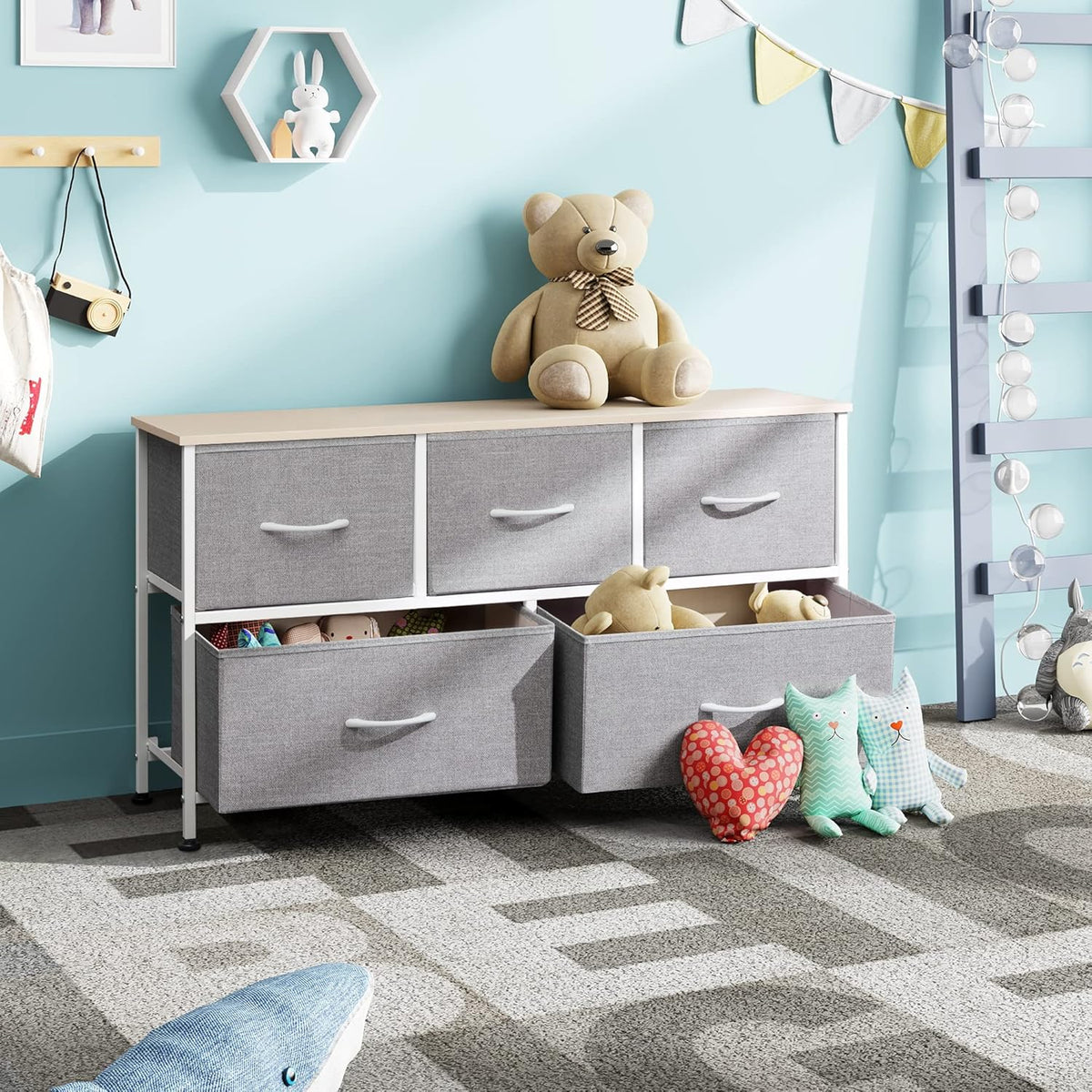 1-Drawer Nightstand and 5-Drawer Dresser Set with Fabric Bins, Steel Frame U59305