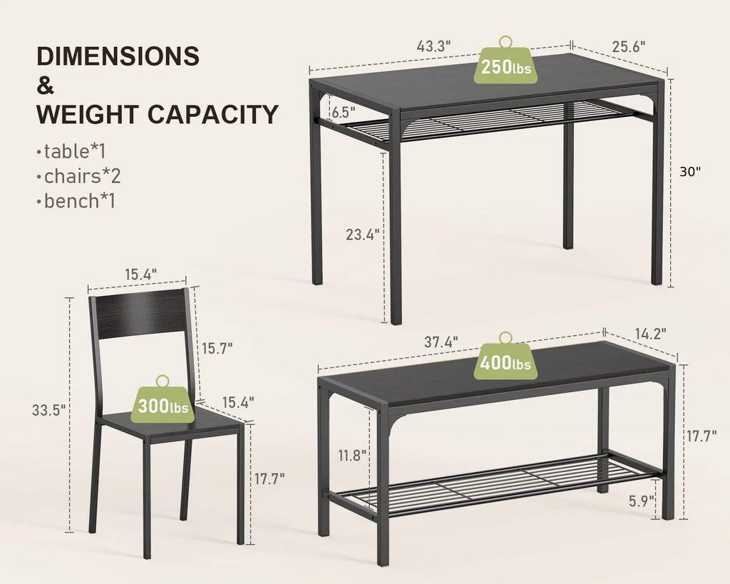 Black Kitchen Table with 2 Chairs and Bench with Storage Rack K7481