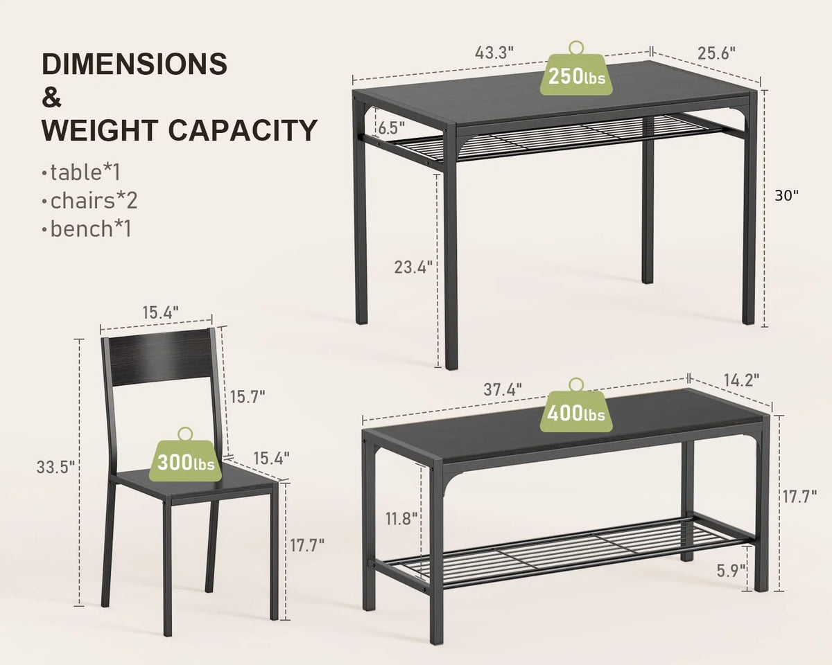 Black Kitchen Table with 2 Chairs and Bench with Storage Rack K7481