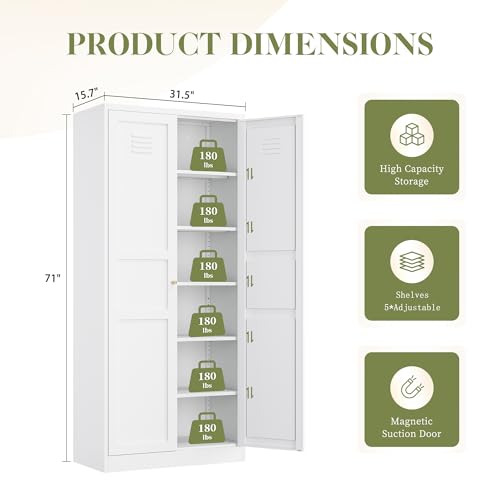 White 5 Tier Metal Storage Cabinet with 2 Doors and 4 Adjustable Shelves U218