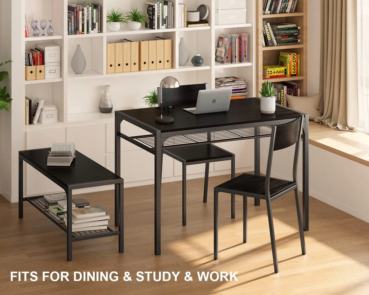 Black Kitchen Table with 2 Chairs and Bench with Storage Rack K7481
