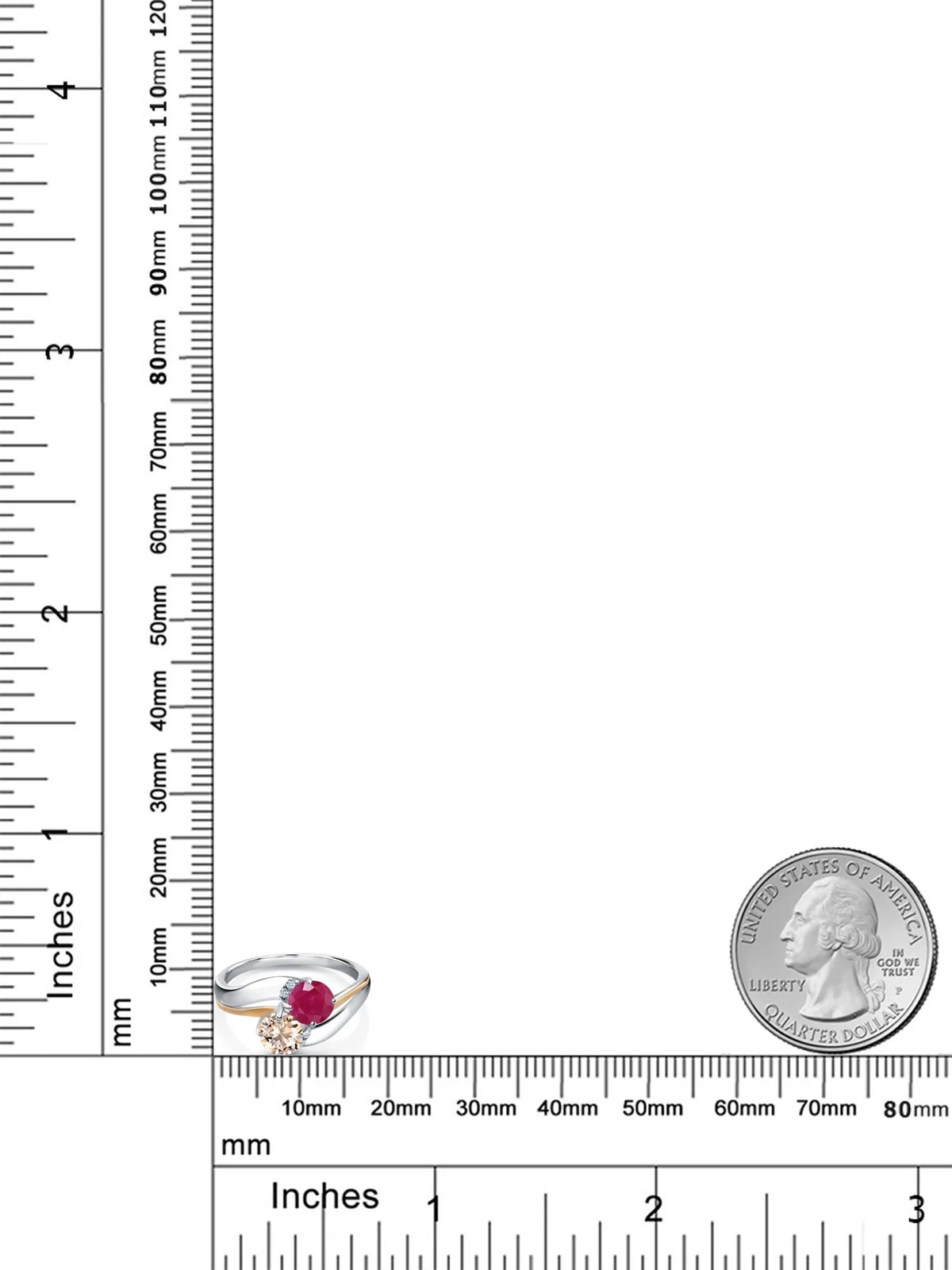 925 Sterling Silver 10K Yellow Gold Peach Morganite Red Ruby 5MM Round 2 Stone Lab Grown Diamond Accent Ring B172090