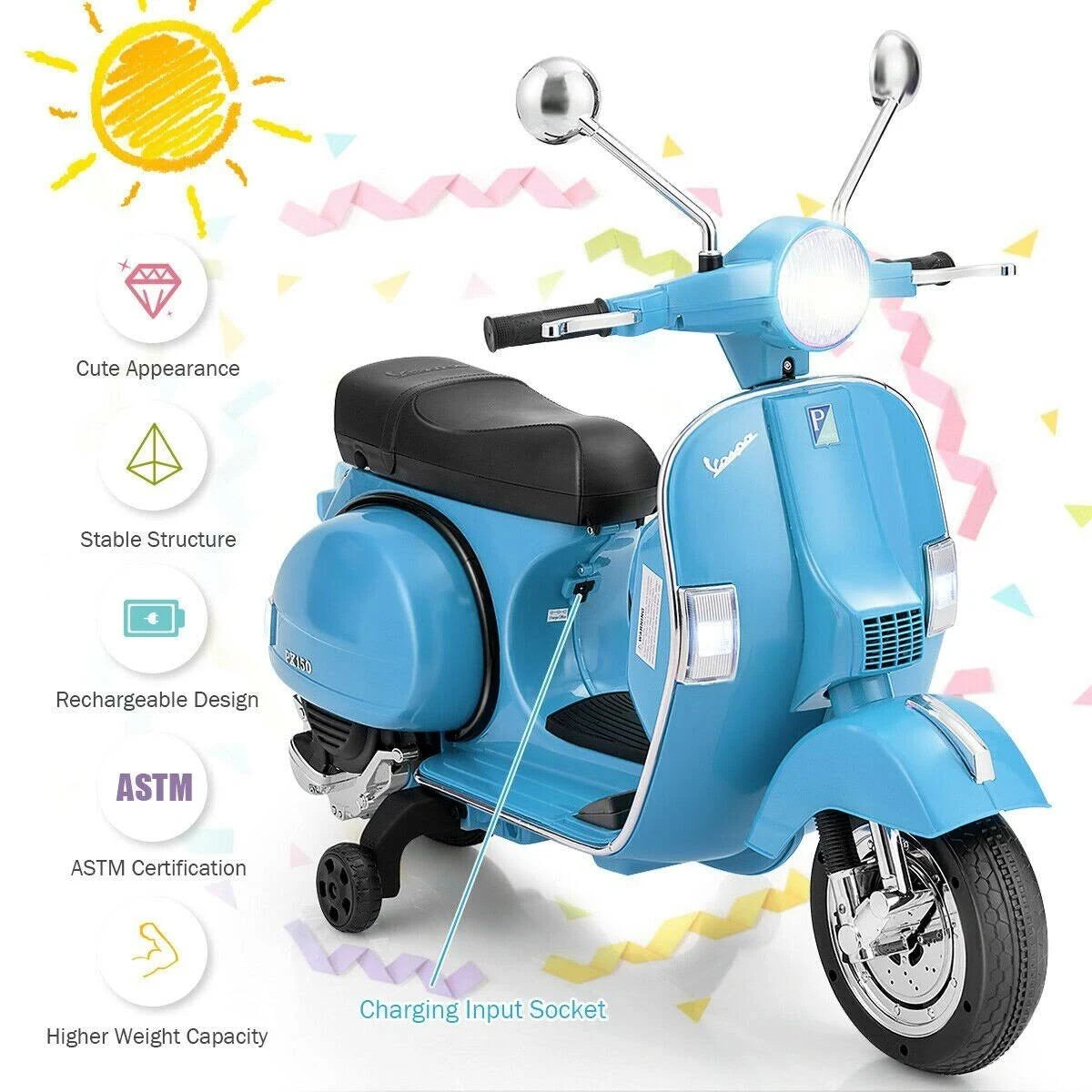 Blue 6V Kids Ride on Vespa Scooter Motorcycle with Headlight Q590