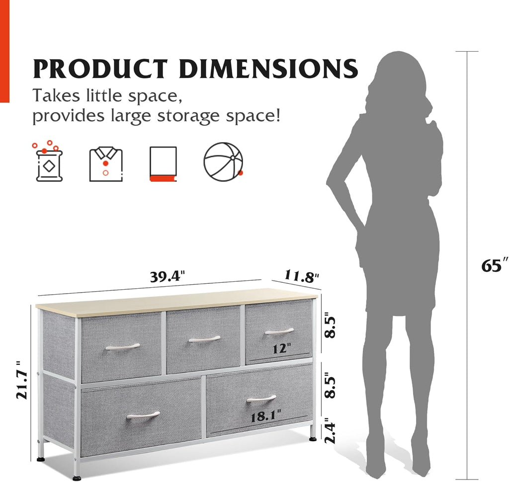 1-Drawer Nightstand and 5-Drawer Dresser Set with Fabric Bins, Steel Frame U59305