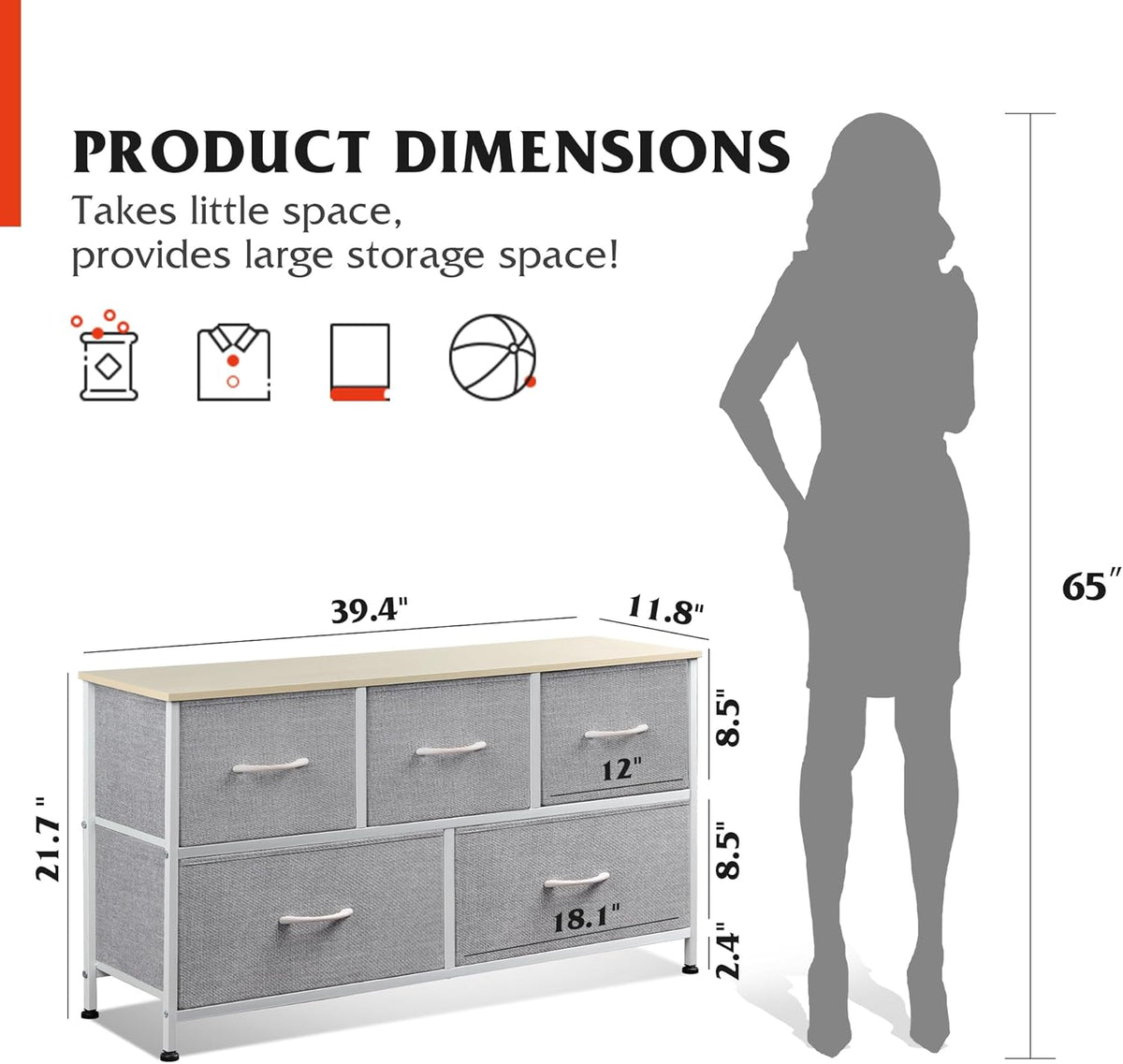 1-Drawer Nightstand and 5-Drawer Dresser Set with Fabric Bins, Steel Frame U59305