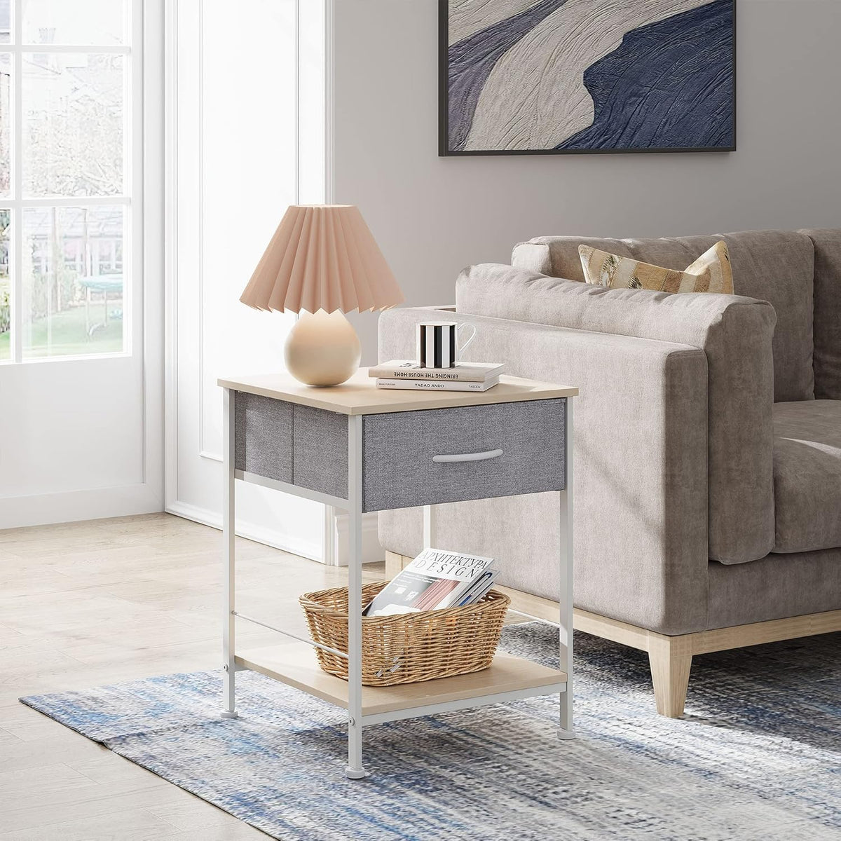 1-Drawer Nightstand and 5-Drawer Dresser Set with Fabric Bins, Steel Frame U59305