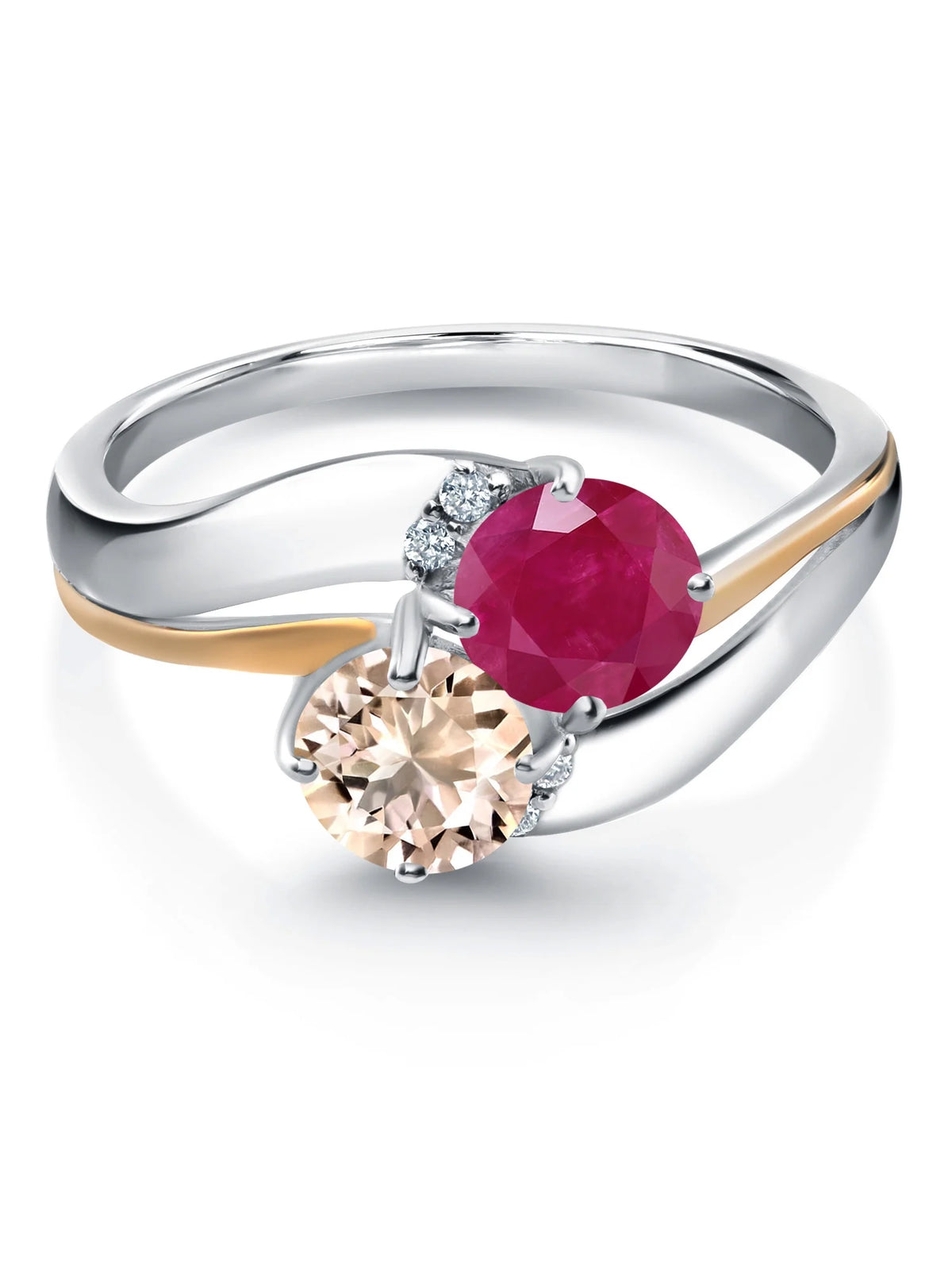 925 Sterling Silver 10K Yellow Gold Peach Morganite Red Ruby 5MM Round 2 Stone Lab Grown Diamond Accent Ring B172090