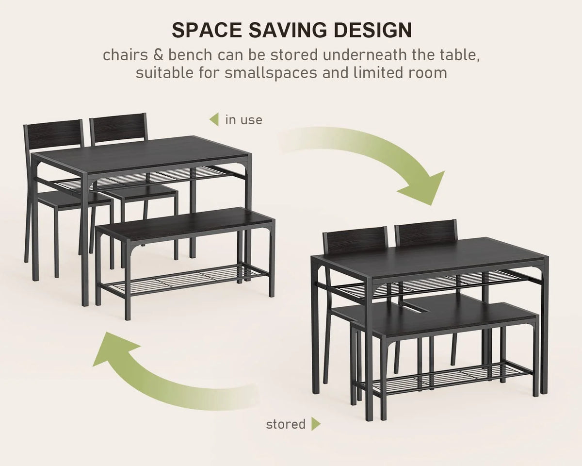 Black Kitchen Table with 2 Chairs and Bench with Storage Rack K7481