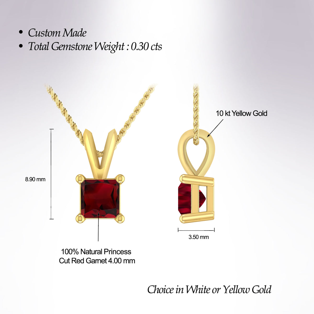 1/3 Carat Princess Shape Garnet 10K Yellow Gold V-bail Solitaire Pendant Necklace Z725