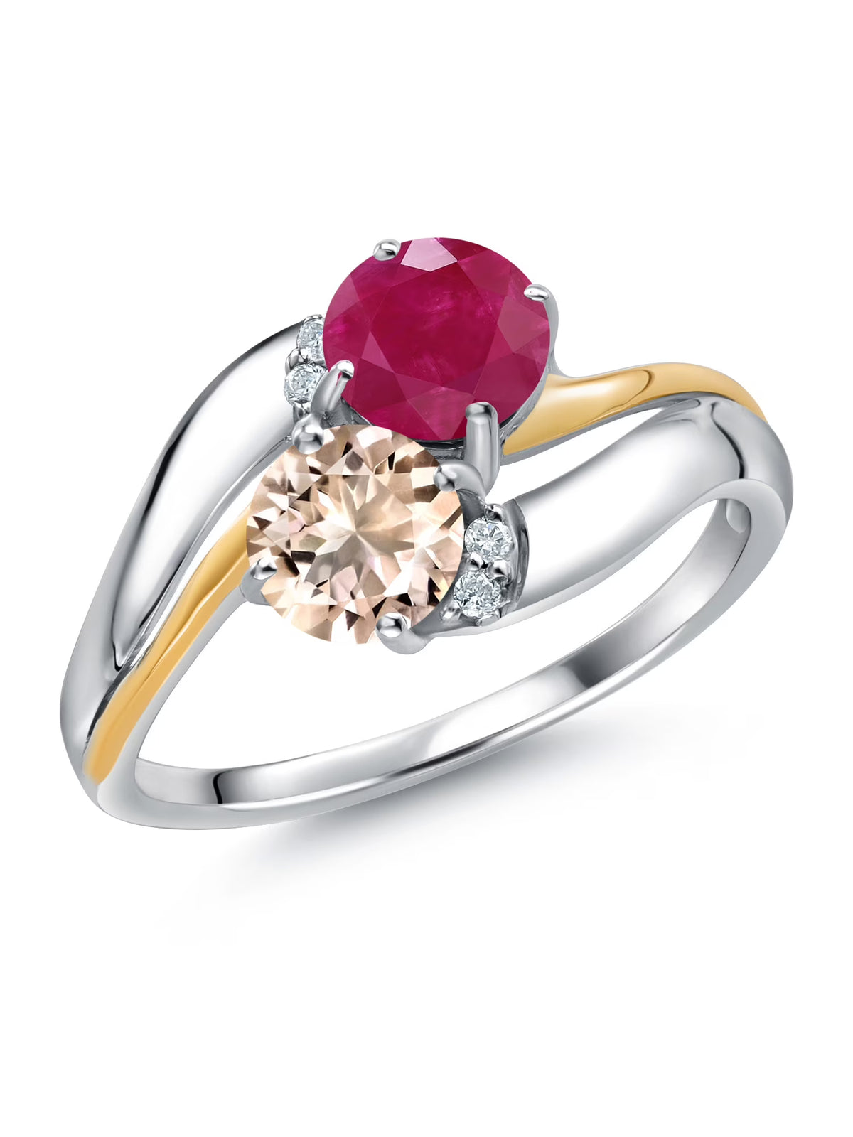 925 Sterling Silver 10K Yellow Gold Peach Morganite Red Ruby 5MM Round 2 Stone Lab Grown Diamond Accent Ring B172090