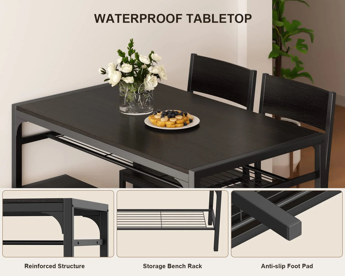 Black Kitchen Table with 2 Chairs and Bench with Storage Rack K7481