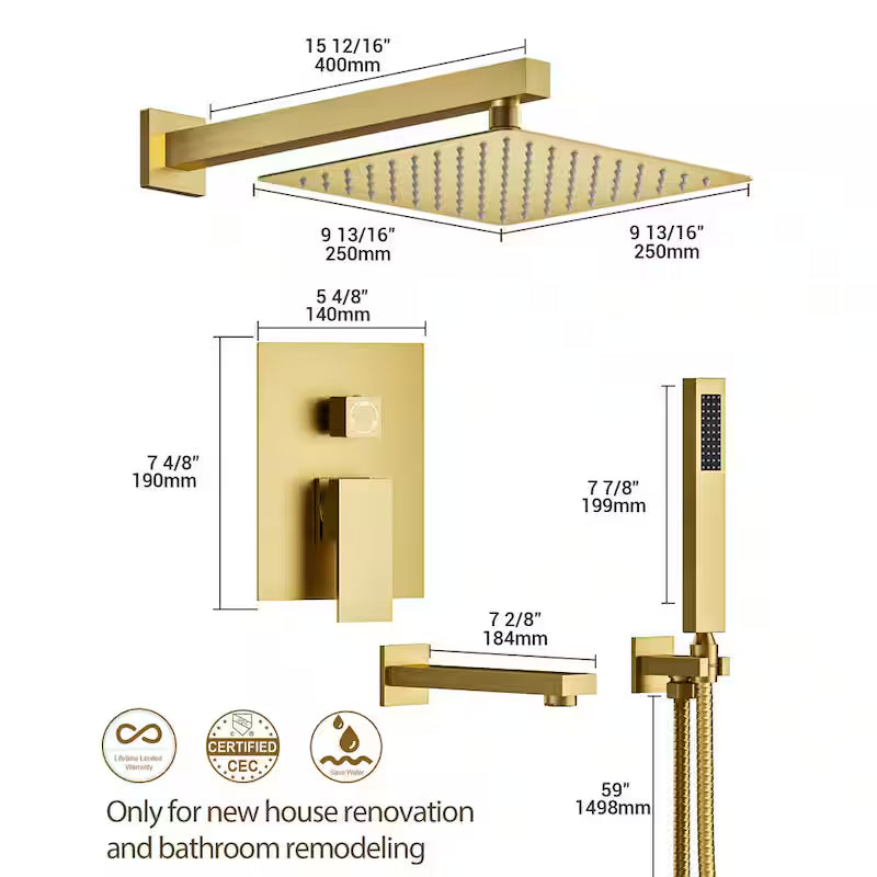 10 in. Wall Mount Shower Head and Tub Faucet 2.5 GPM Brushed Gold A6392
