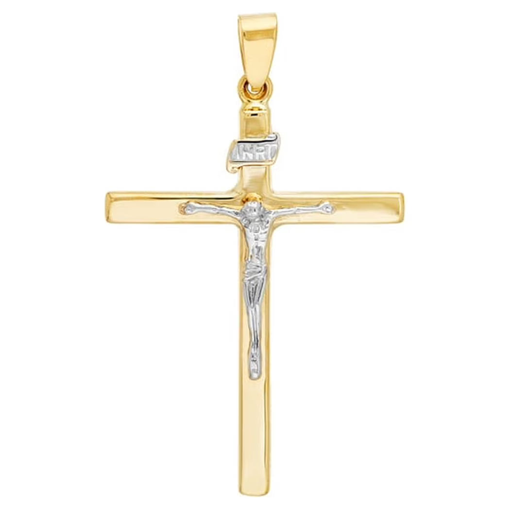 14k Yellow and White Gold Square Tube Cross Pendant Necklace T382584